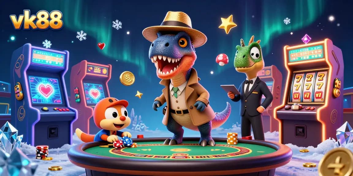 Experience thrilling action at vk88 as a velociraptor attempts card counting amidst colorful casino chaos.