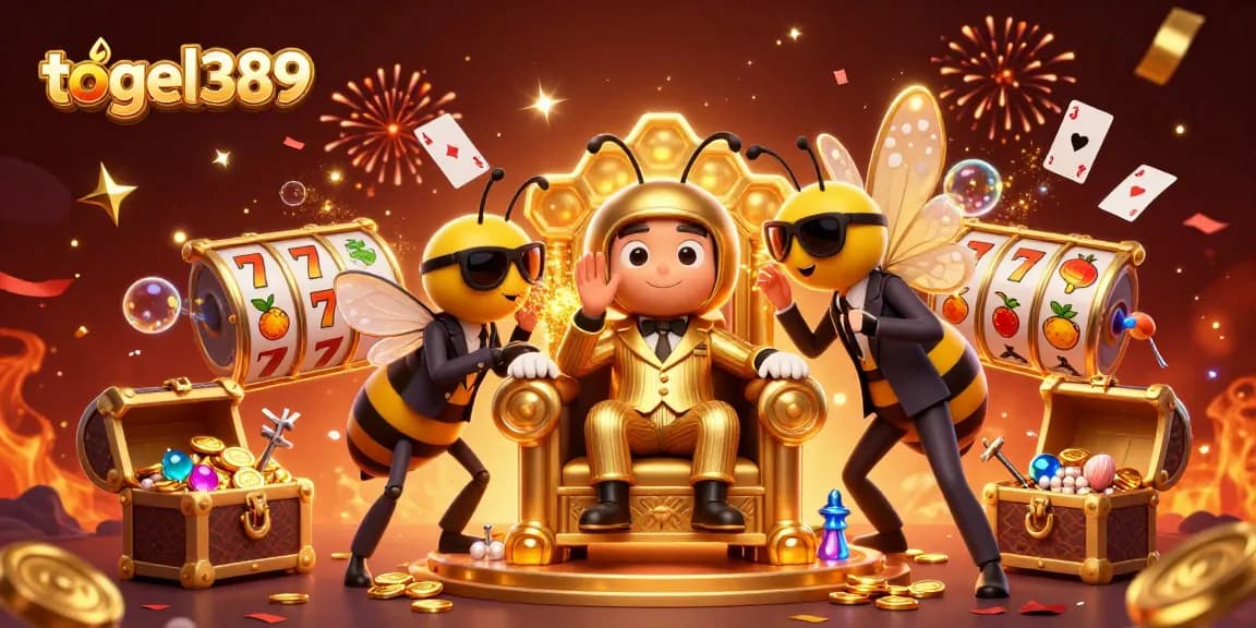 Experience thrilling slot gameplay with togel389 in a vibrant 3D casino illustration featuring animated bumblebee mob boss.