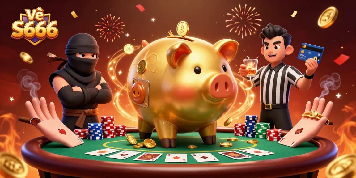 Engaging scene showcasing Về S666 with a golden piggy bank wrestler, coins, and poker elements.