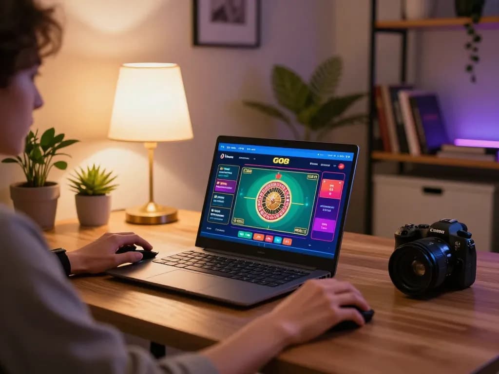 Player engaging with the GO8 casino app on a laptop, showcasing online gaming excitement.