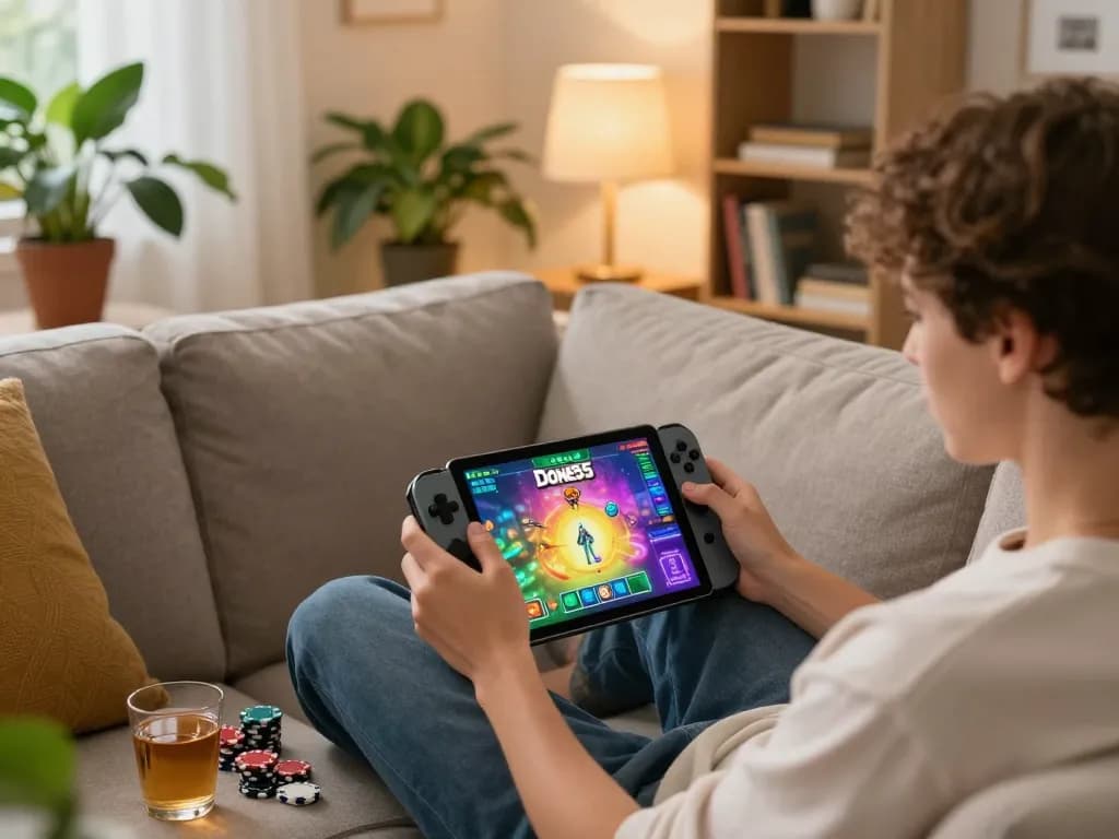 Engaging session playing done55 on a tablet in a cozy home environment.