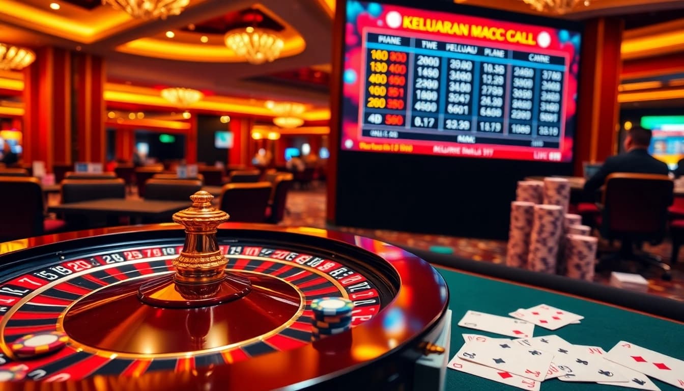 Keluaran Macau live draw results displayed prominently in an engaging casino scene filled with excitement.