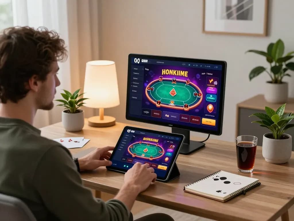 Engaging online poker gameplay using CM88 app in modern gaming setup with strategic notes.