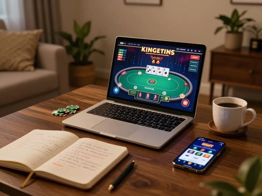 Engaged player exploring king33 online poker game on stylish laptop at home.