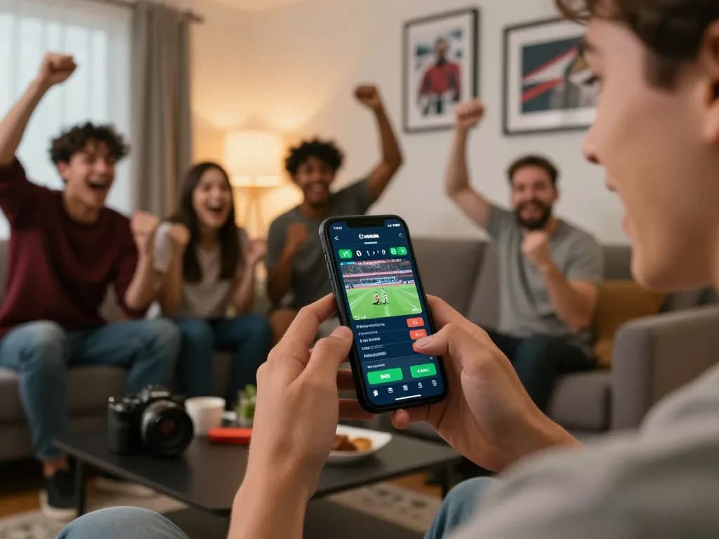 Engaging in live betting on keo nha cai app during sports event, showcasing excitement in a social setting.
