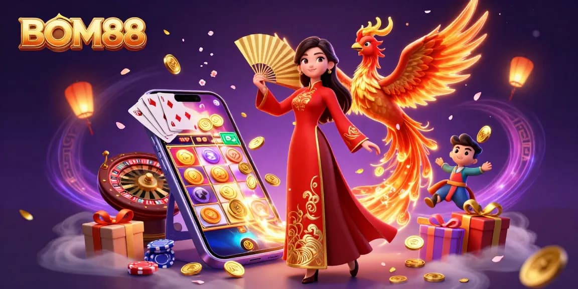 BOM88 promotes exciting gameplay with a stunning woman, a phoenix, and casino elements