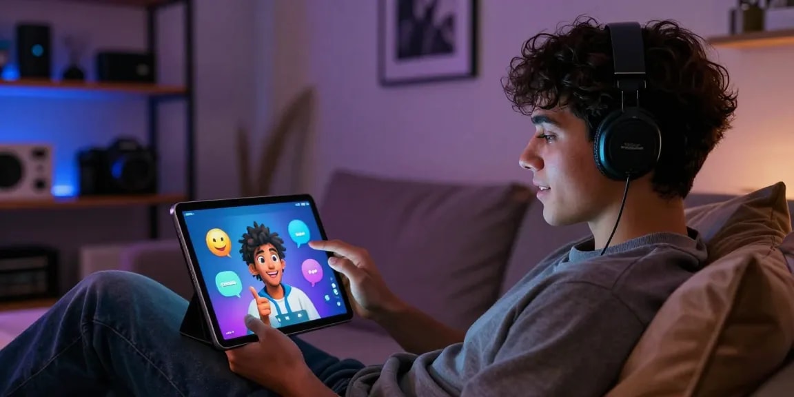 Engaging in ai sex chat with an AI character on a sleek tablet in a cozy lounge.