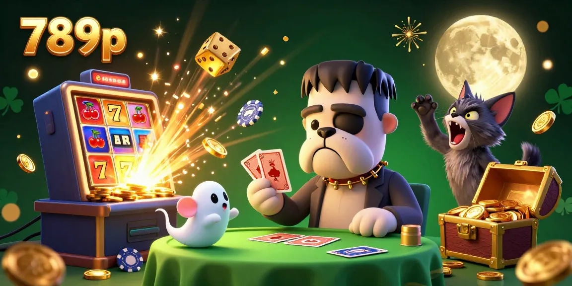 Experience the thrills at 789p with a lively casino scene featuring characters dealing cards and bursting slot machines.
