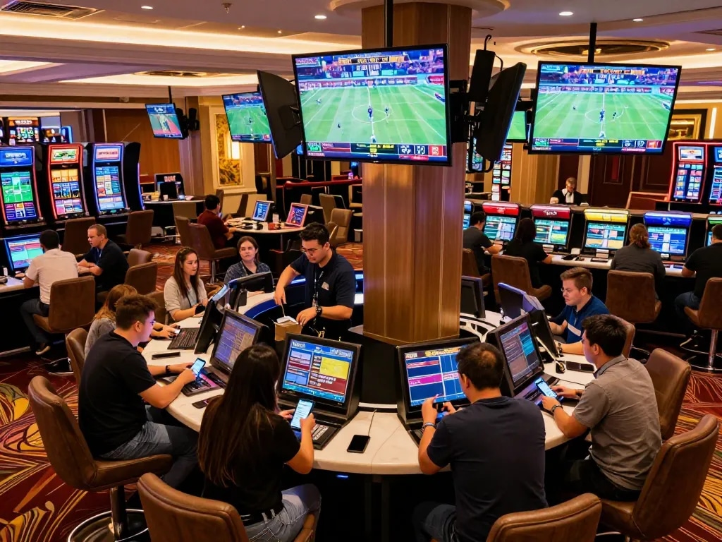 Nyalabet sports betting area with enthusiastic bettors checking live odds and using apps.