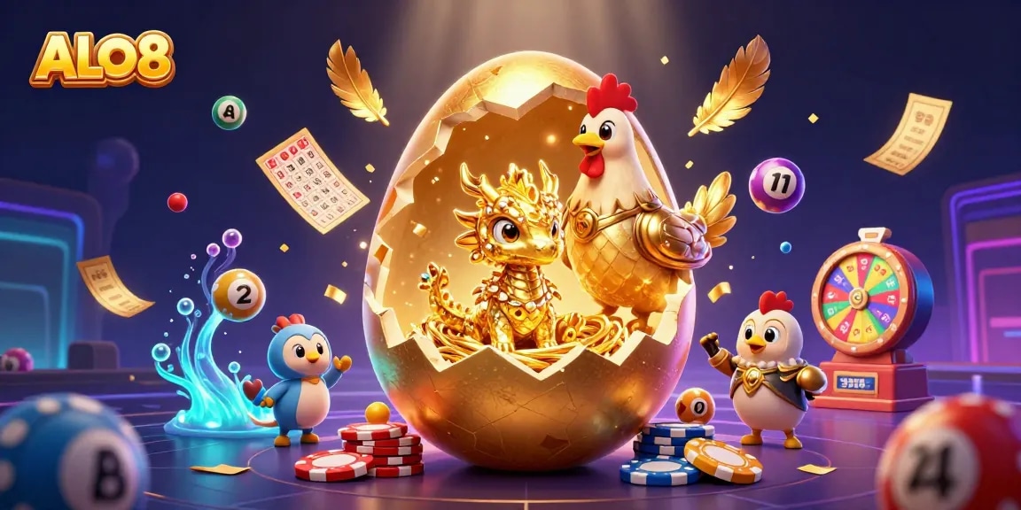 Engage with ALO8's dynamic gaming scene featuring a golden hatchling amid a lively lottery atmosphere.