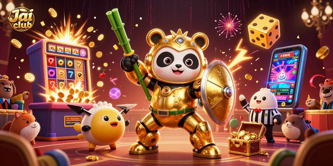 Players spin the reels and win exciting jackpots at Jai club, featuring vibrant 3D casino elements.