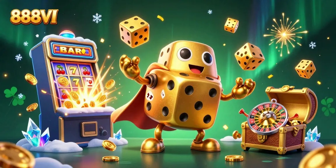 Experience thrilling gameplay with 888VI's vibrant casino scene full of lively dice, slots, and winning symbols.