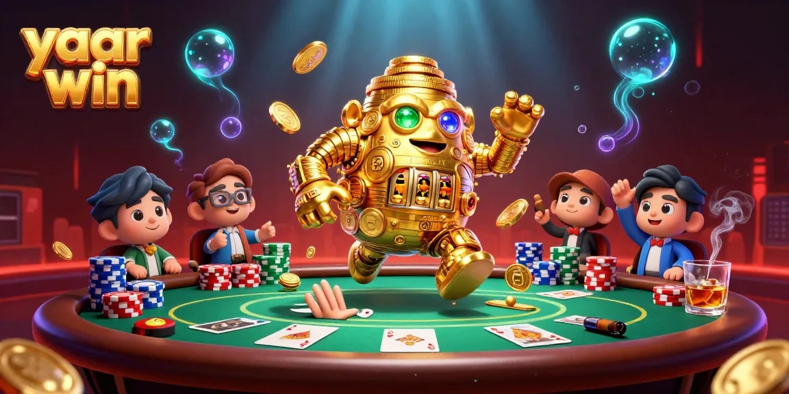 Engage players with yaar win and a dynamic casino scene featuring gold golems and poker elements.