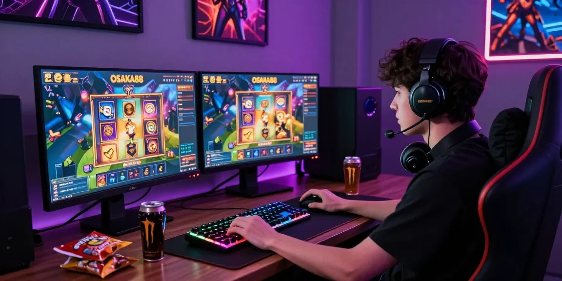 Player engaged in OSAKA88 login, vibrant gaming setup with monitors and RGB lighting.