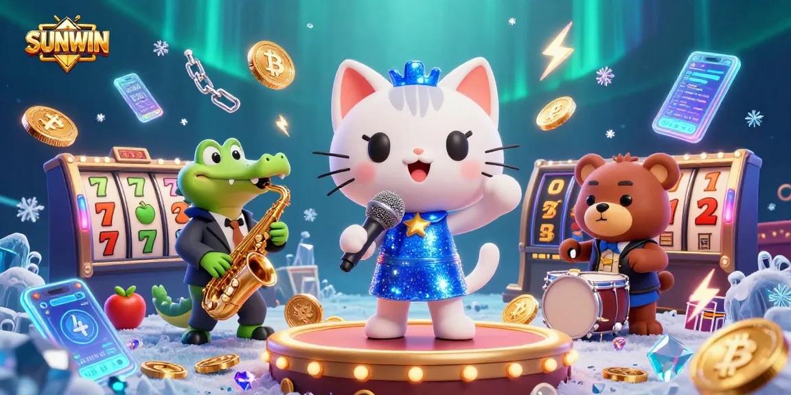 SUNWIN offers thrilling jackpot excitement with cartoon characters in a vibrant casino setting.
