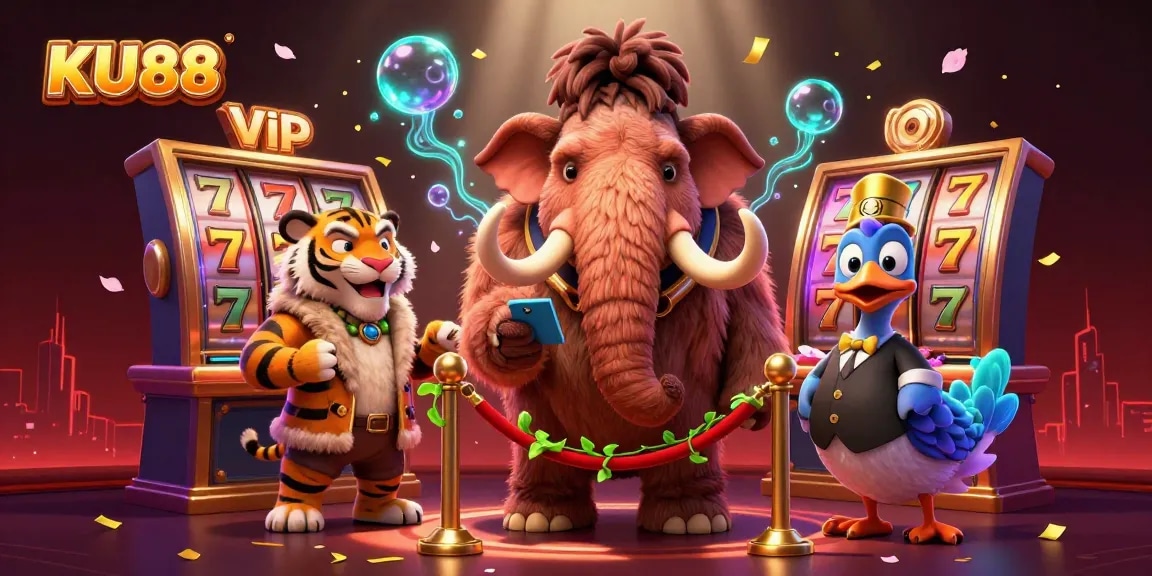 Experience the excitement at KU88 with a vibrant casino scene featuring dynamic slot elements.