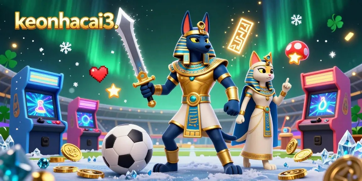 Bet on keonhacai3 with the dynamic Egyptian-themed 3D illustration showcasing sports elements and vibrant attractions.