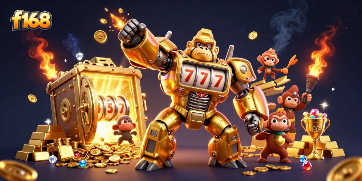 Experience the excitement of f168 with a dynamic golden gorilla mech launching coins in a vibrant casino world.