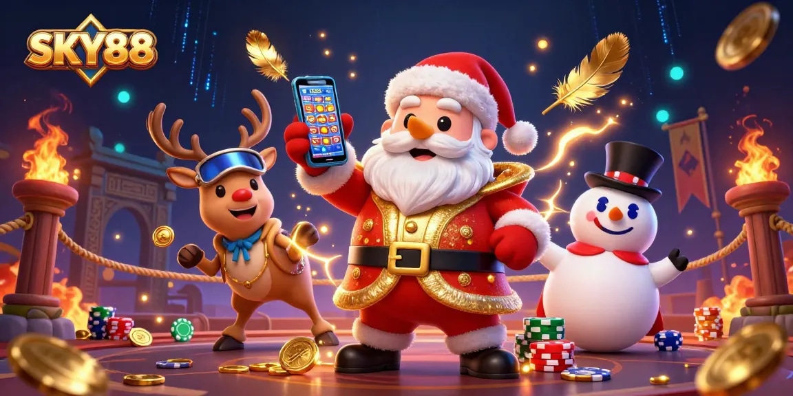SKY88 offers an exciting casino experience with vibrant 3D characters amid jackpot symbols and betting tokens.