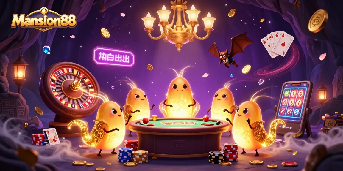 Mansion88 illuminates a vibrant casino scene with glowworms and a bat dealer, showcasing dynamic gaming elements.