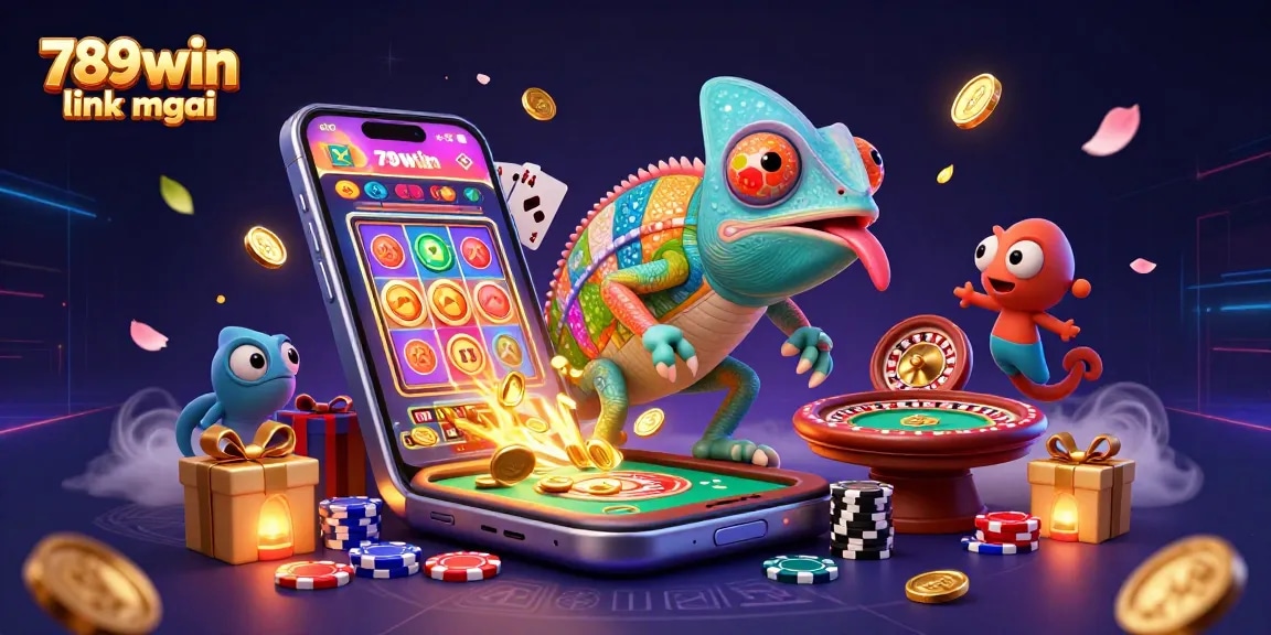 Engage with 789win link mới in this vibrant 3D casino scene showcasing a chameleon owner amidst slot games, coins, and dynamic visuals.