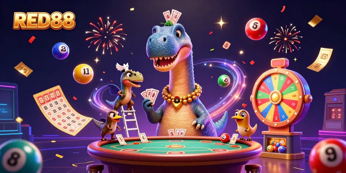 Experience excitement at RED88 casino with unique characters under vibrant casino ambiance.