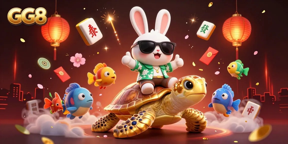 Spin and win with GG8 as a lucky rabbit and golden turtle celebrate in a vibrant casino scene.