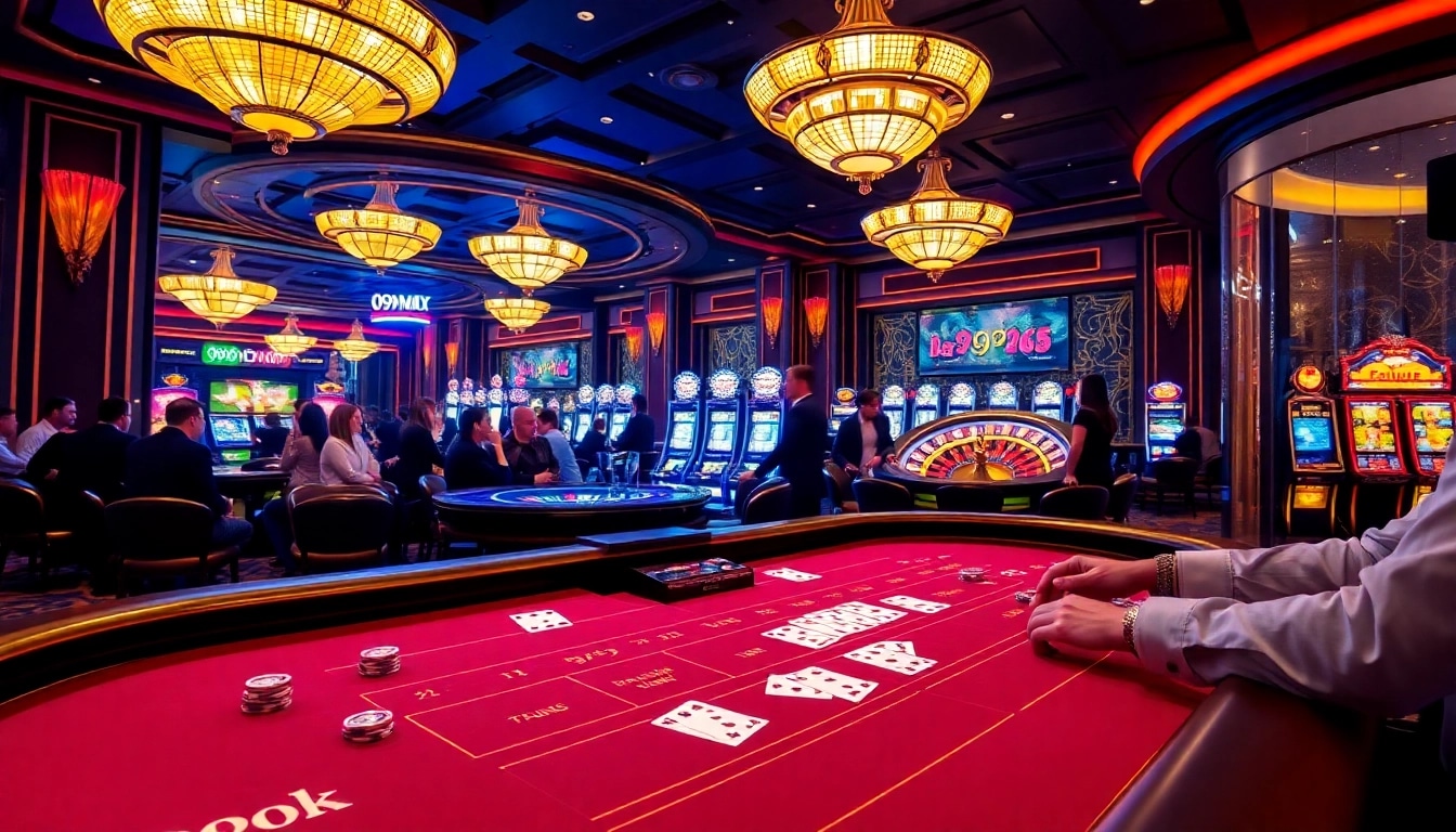 Players enjoying baccarat and roulette at the lavish 99ok casino.