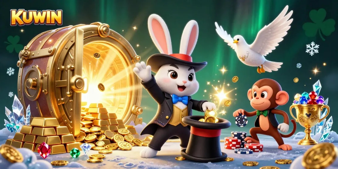 KUWIN's magician rabbit showcasing a burst of golden coins, representing top gambling thrills.