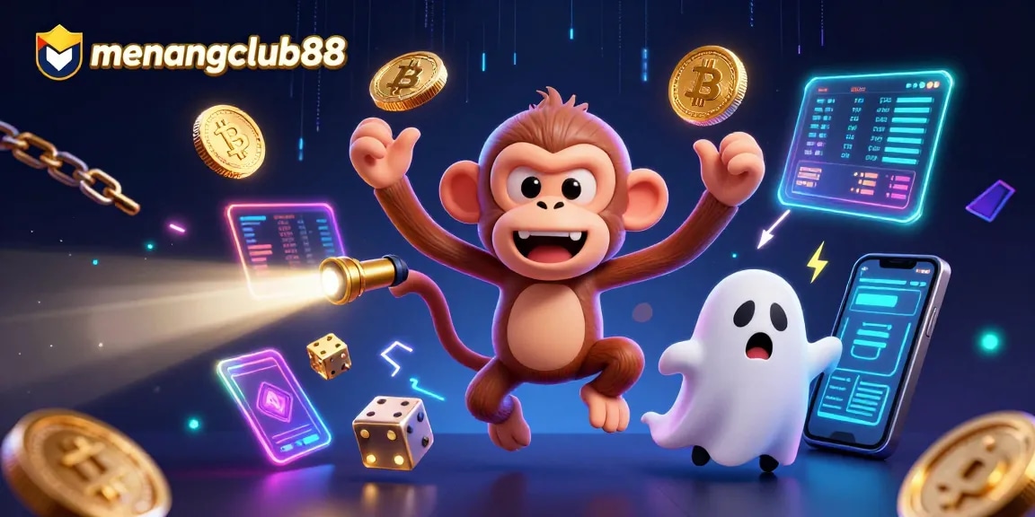 Discover magical gameplay at menangclub88 with a haunted casino scene featuring a poltergeist monkey and ghost-hunter puppy.
