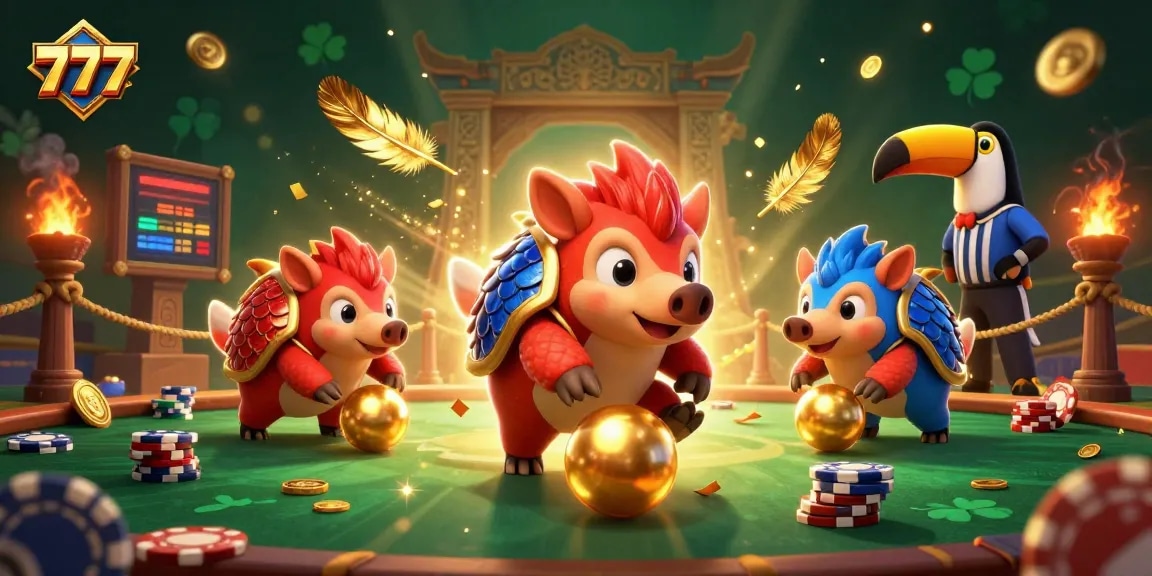 Engage with 777 gameplay as rival pangolins bowl through poker chips in an exciting casino illustration.