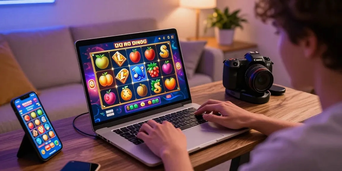 Exciting demo slot gaming experience on a laptop in a cozy setting.