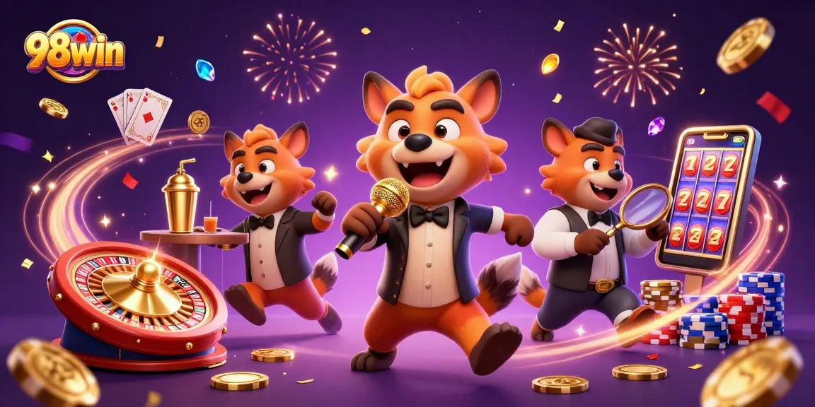 Engage with 98win's lively casino scene featuring colorful hyena characters in a dynamic gaming atmosphere.