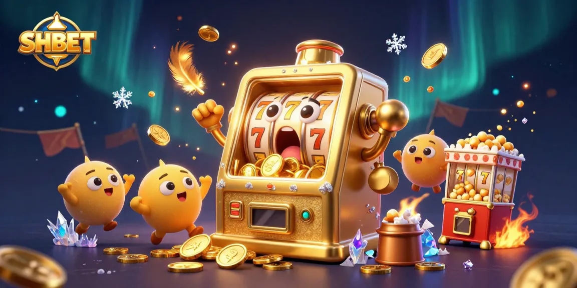 SHBET jackpot celebration with a golden slot machine and cheering characters, capturing the thrill of winning.