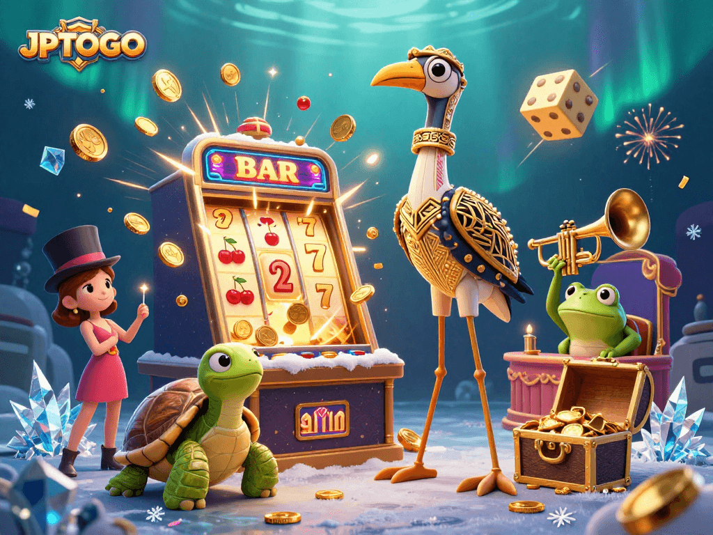 Experience the thrill of winning with JPTOTO's stunning casino scene filled with vibrant characters and slot action.