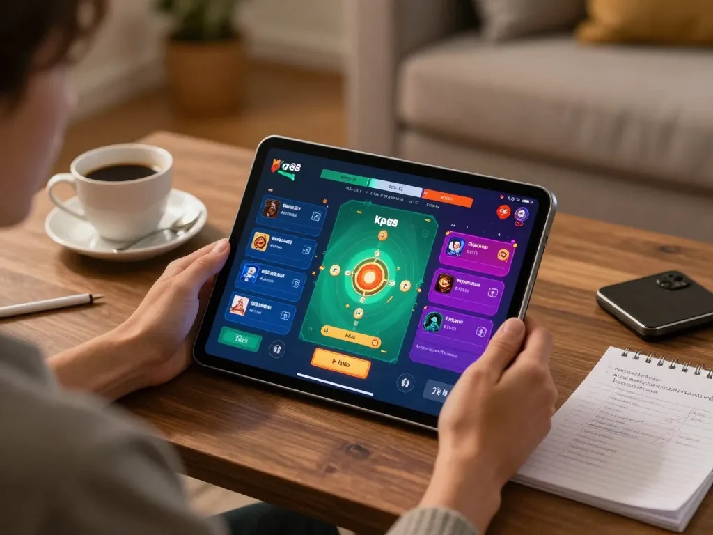 A person enjoying a kp88 game on a tablet, surrounded by betting strategy notes in a cozy home.