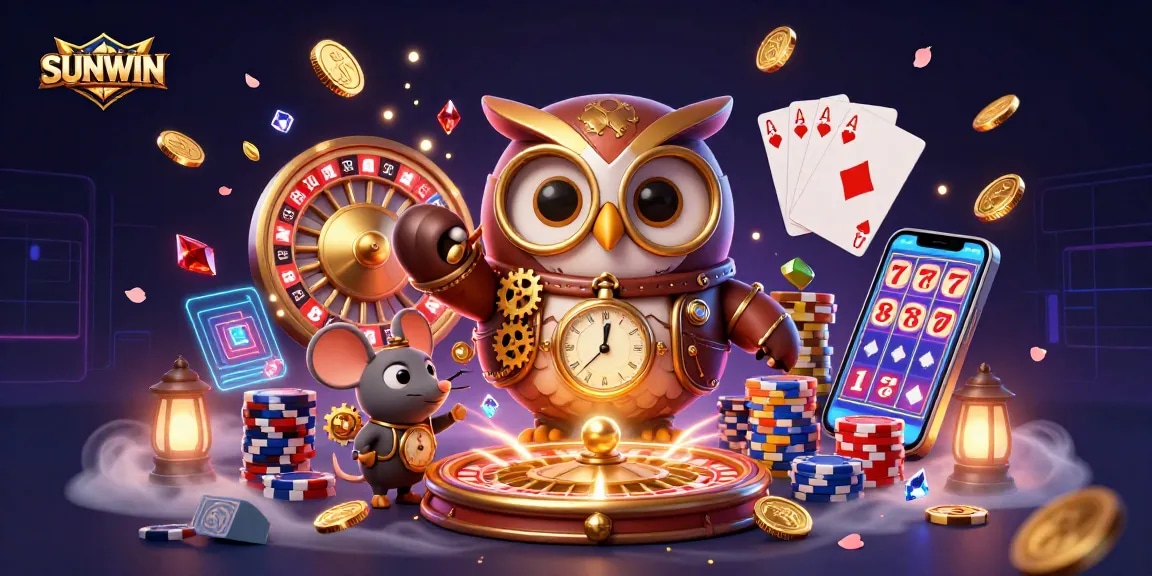 SUNWIN showcases a steampunk owl and mouse in a vibrant casino scene filled with gold coins, cards, and neon accents.