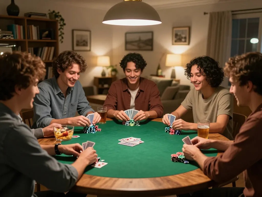 Friends enjoy a poker night at home while playing 32win, sharing laughter and strategies.