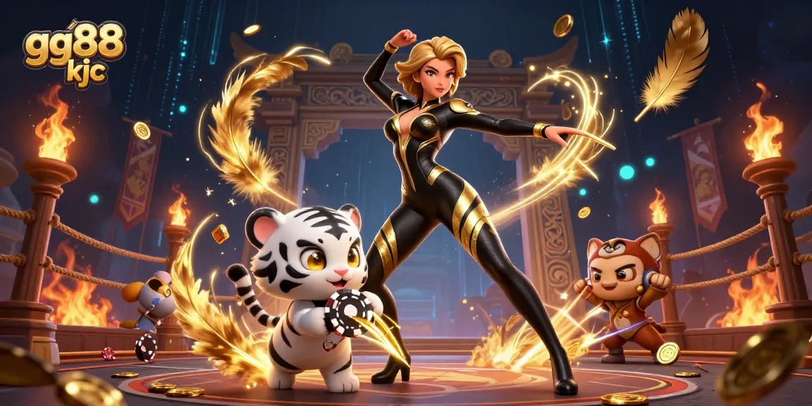 Catch the excitement of gg88 kjc as a stunning character engages in thrilling gambling action with a baby white tiger.