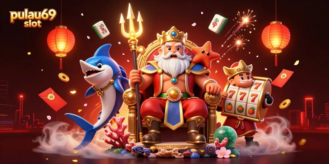 Win big with pulau69 slot as Neptune and friends celebrate in a vibrant casino scene.
