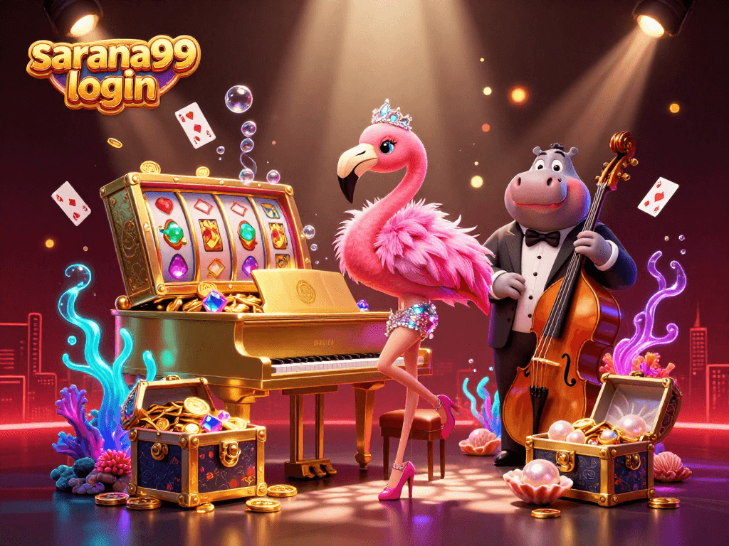 Experience the excitement of sarana99 login with a vibrant casino scene featuring dazzling characters and gaming action.