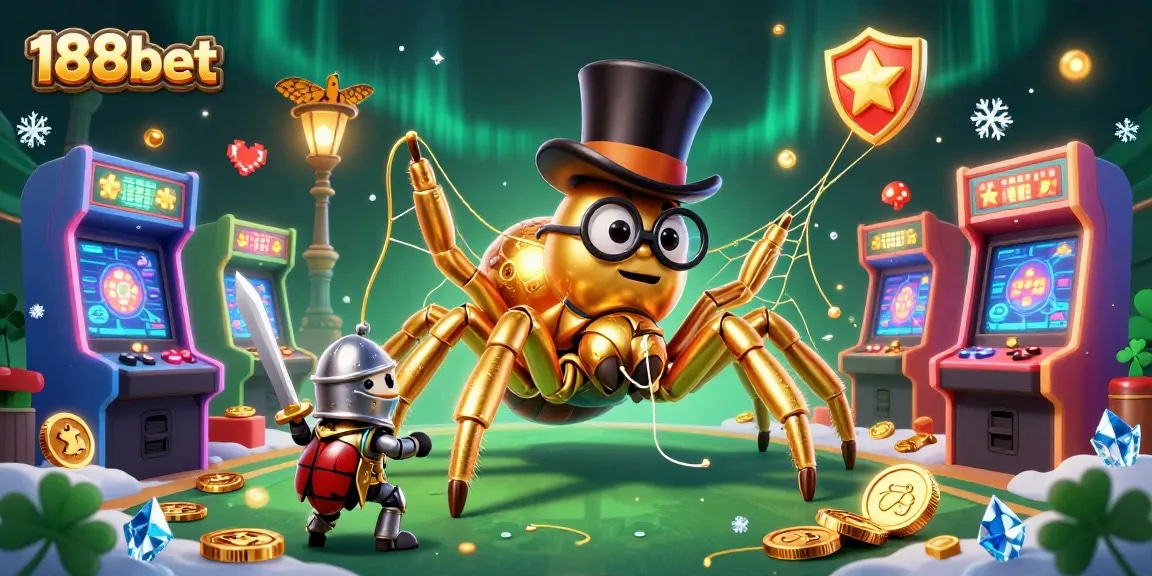 Engage with 188bet's dynamic casino world featuring a golden tarantula and lively knights.