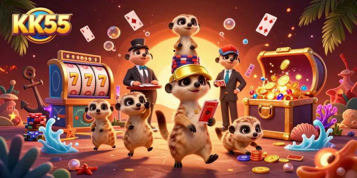 Engage in thrilling slots action at KK55 with playful meerkats managing a vibrant casino.
