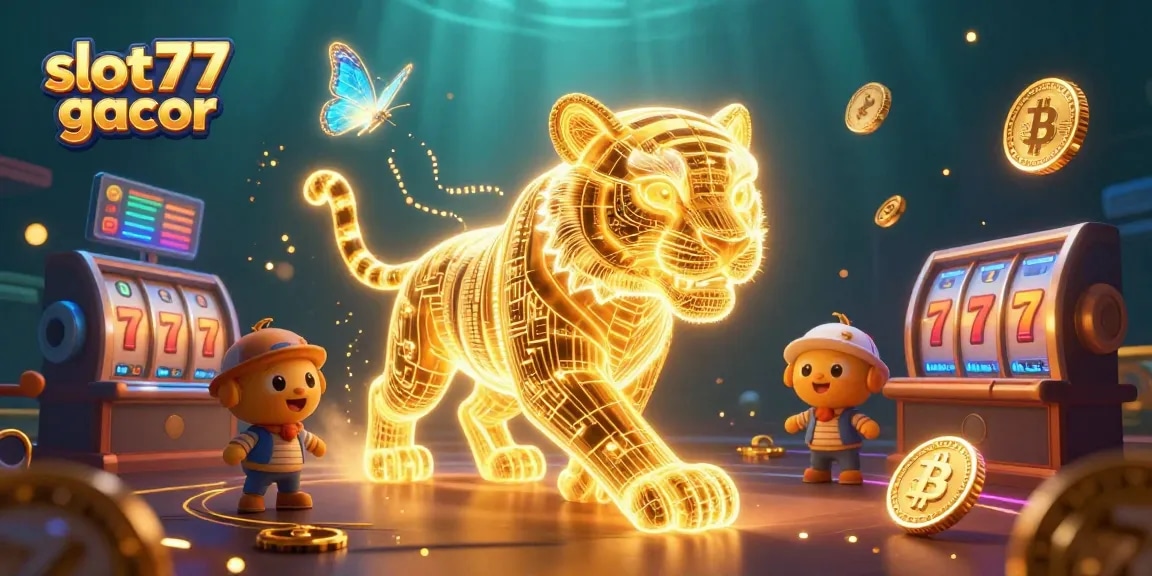 Slot77 gacor dazzling gameplay experience with a neon-lit golden tiger in a vibrant casino
