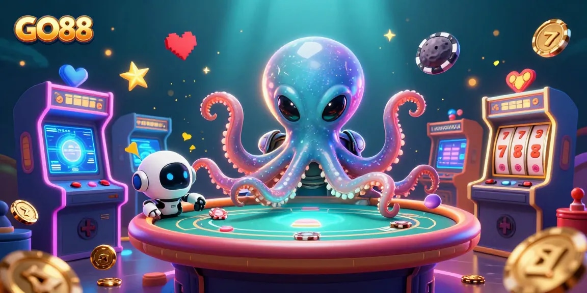 Experience the excitement of GO88 with vibrant slot reels and an alien octopus running a holographic poker table