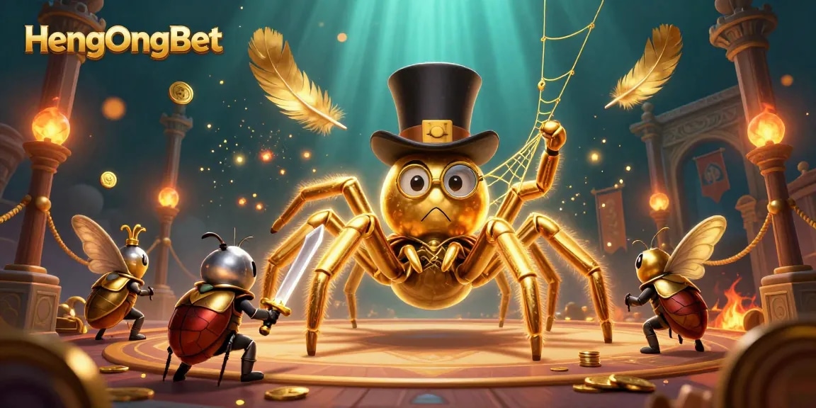 Engage with HengOngBet's thrilling gaming scene featuring a golden tarantula, knight, and casino elements.