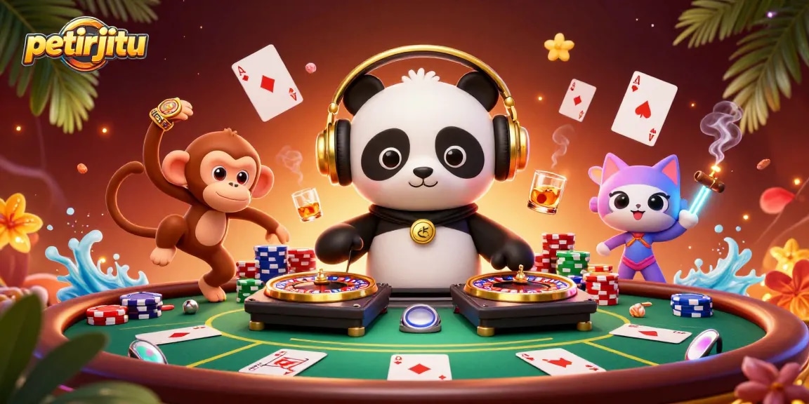 Permainan kasino menarik di petirjitu dengan panda DJ dan karakter unik menari di latar belakang penuh warna.