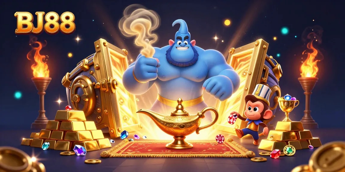 Experience thrilling gaming at BJ88, featuring a vibrant 3D scene of exciting casino elements and characters.