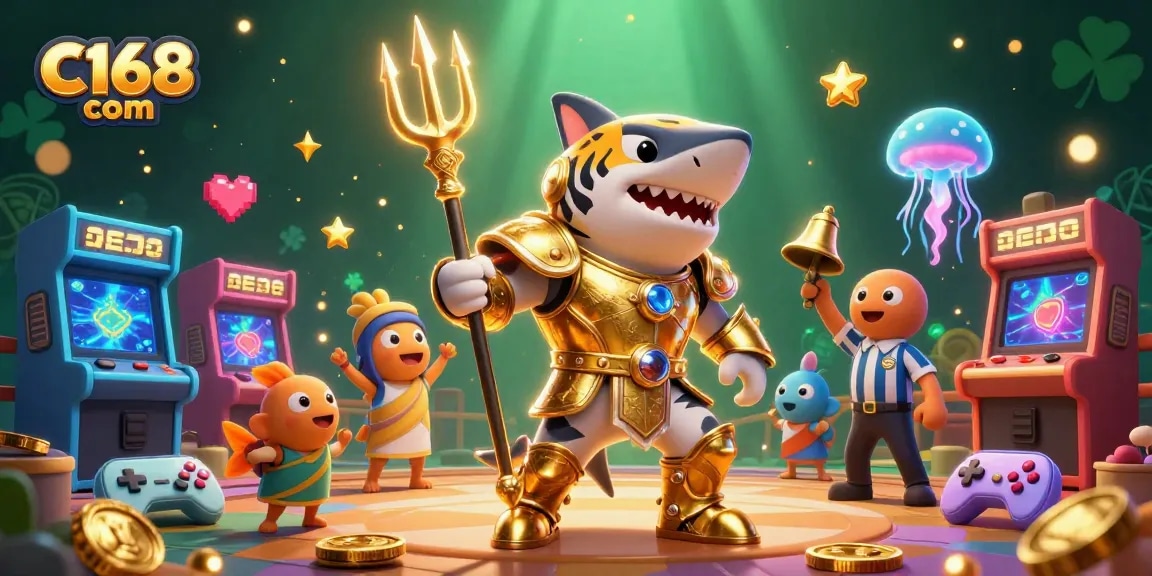 Experience thrilling gameplay at C168 com with a dynamic underwater casino scene featuring a golden tiger shark and colorful arcade elements.