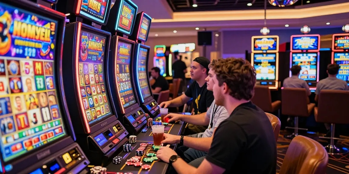 Excited players enjoying bonus buy slots uk in a lively casino atmosphere filled with colorful machines and sounds of excitement.